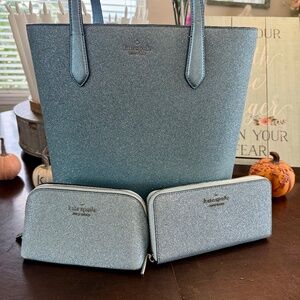 Kate Spade Light Blue Glitter Tinsel tote with Wallet and makeup bag